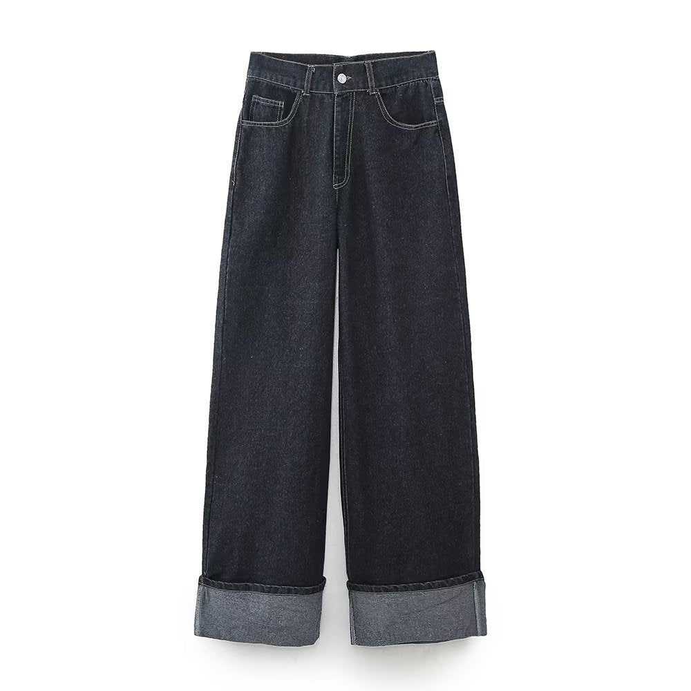 Modisches zweiteiliges Denim-Set für Damen – Jacke mit Reverskragen & Weite Hose