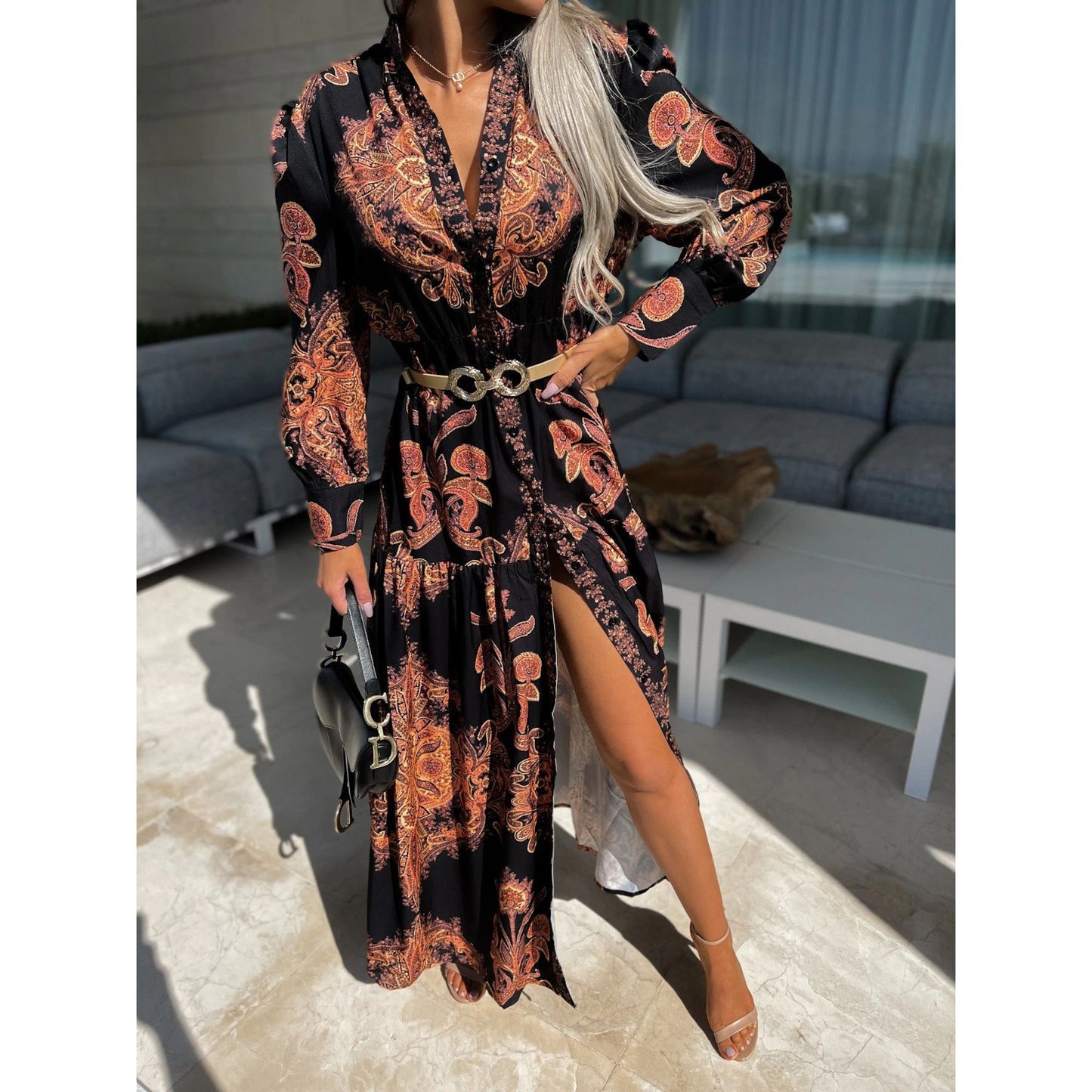 Elegantes Langarm-Maxikleid mit Seitenschlitz für Damen