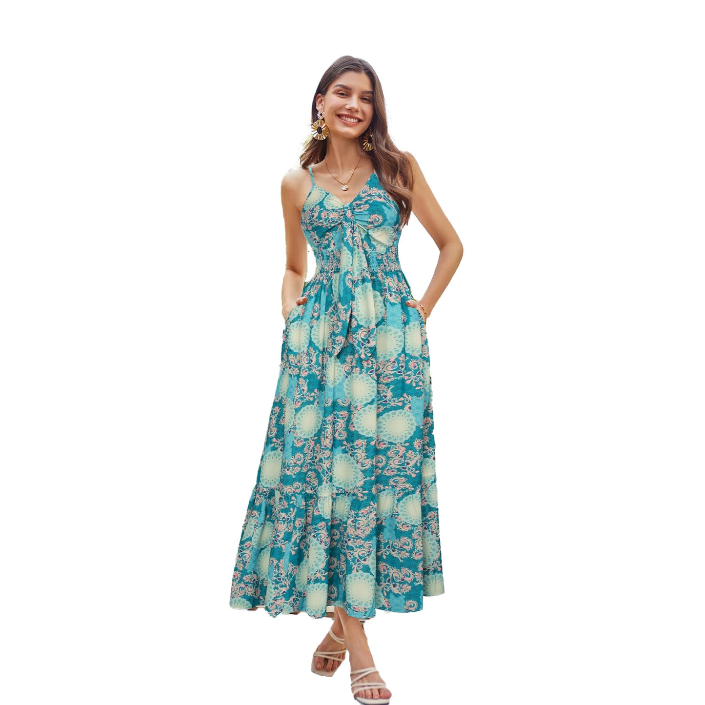 Leichtes Boho-Maxikleid mit Trägern & Print – Perfekt für den Urlaub