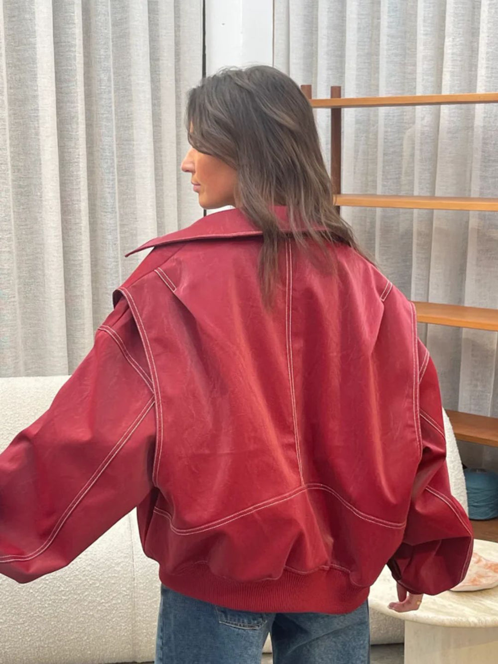 Elegante Lederjacke mit Reißverschluss und auffälligem Kragen für Damen