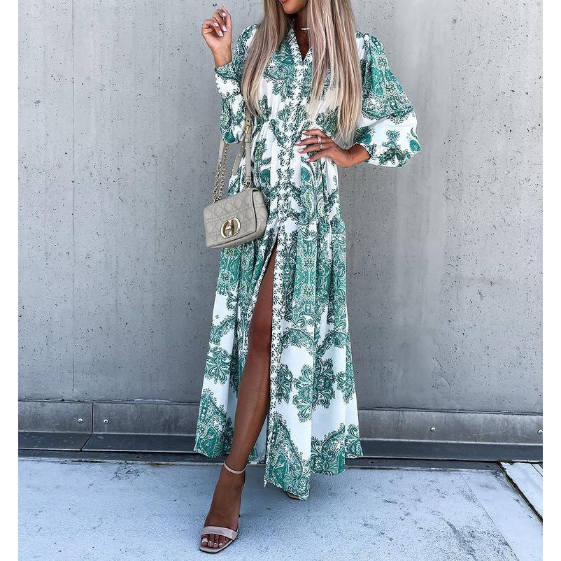 Elegantes Langarm-Maxikleid mit Seitenschlitz für Damen