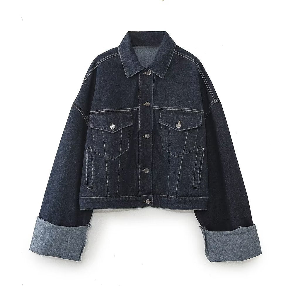 Modisches zweiteiliges Denim-Set für Damen – Jacke mit Reverskragen & Weite Hose