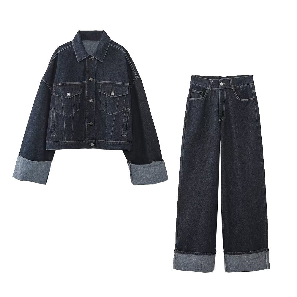 Modisches zweiteiliges Denim-Set für Damen – Jacke mit Reverskragen & Weite Hose