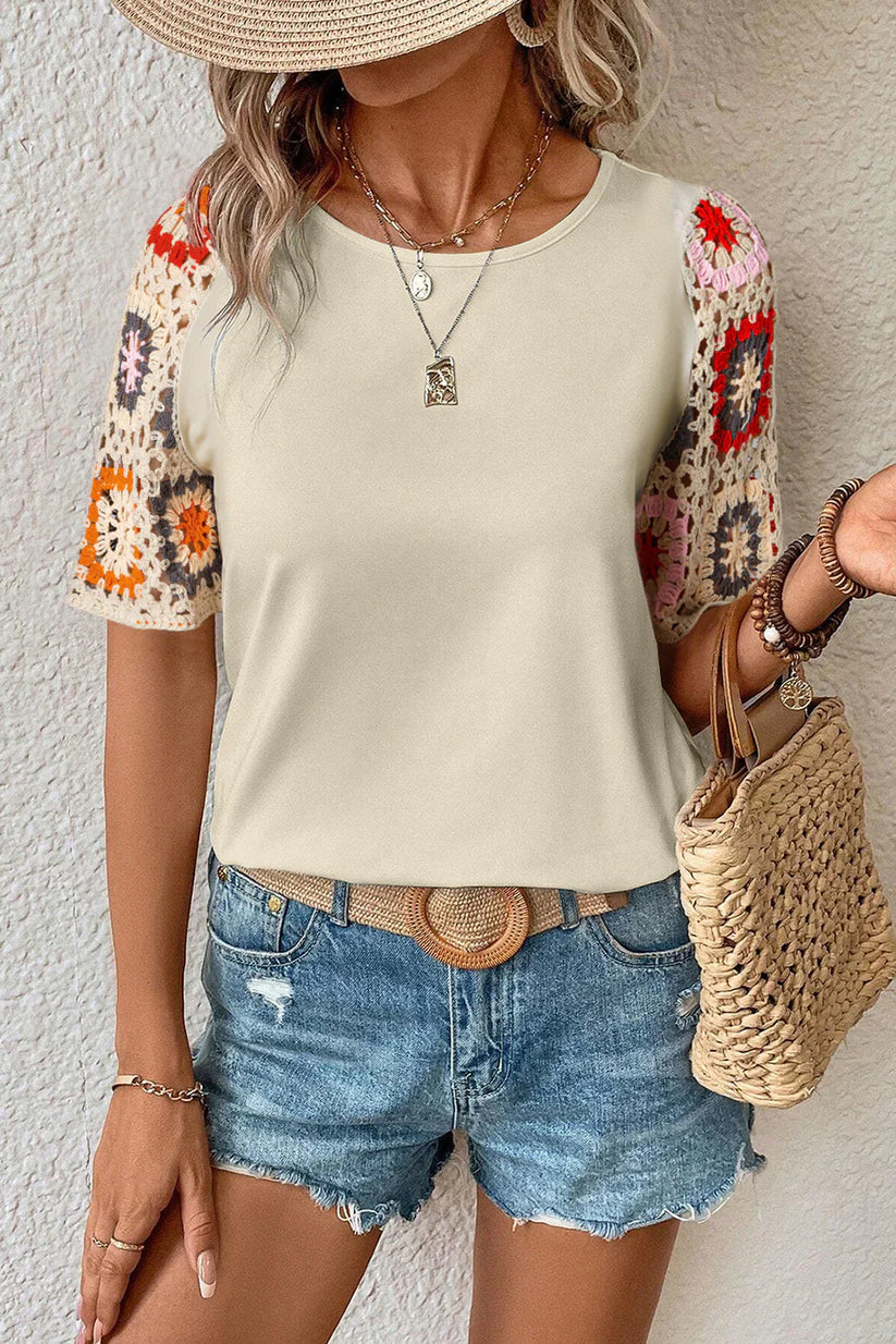 Kurzarm Oberteil mit Häkel & Blumenmuster Für Damen – Boho Chic für Sommer & Freizeit