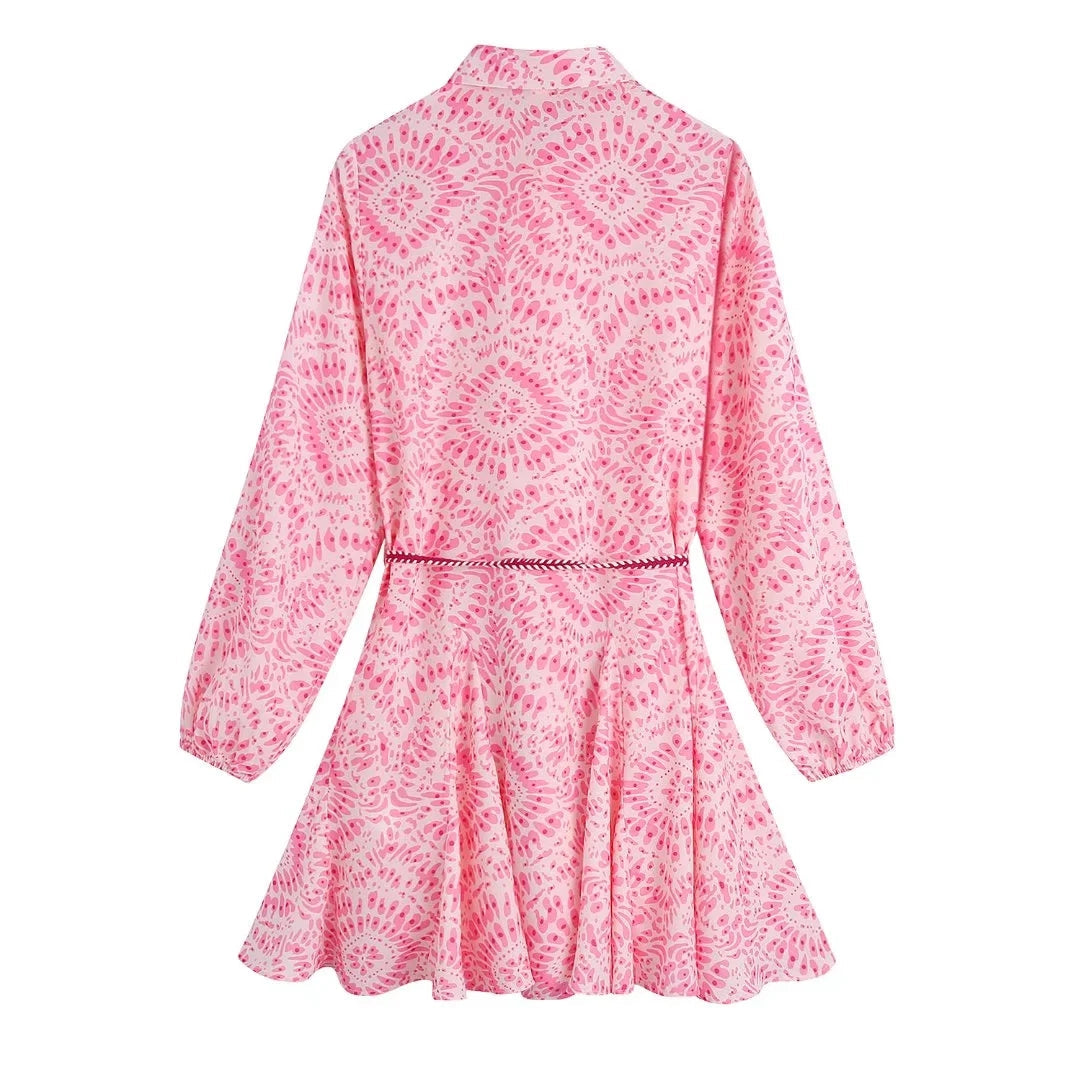 Vintage Langarmkleid mit Volants & Print für Damen