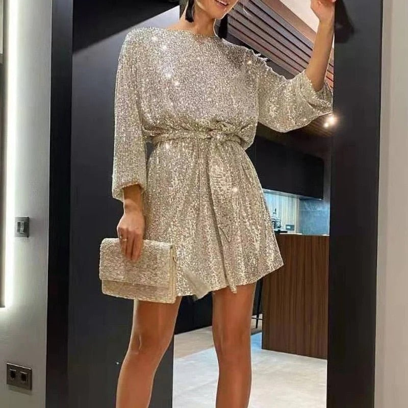Glitzerndes Cocktailkleid mit Gürtel für Damen - Elegantes & funkelndes Kleid