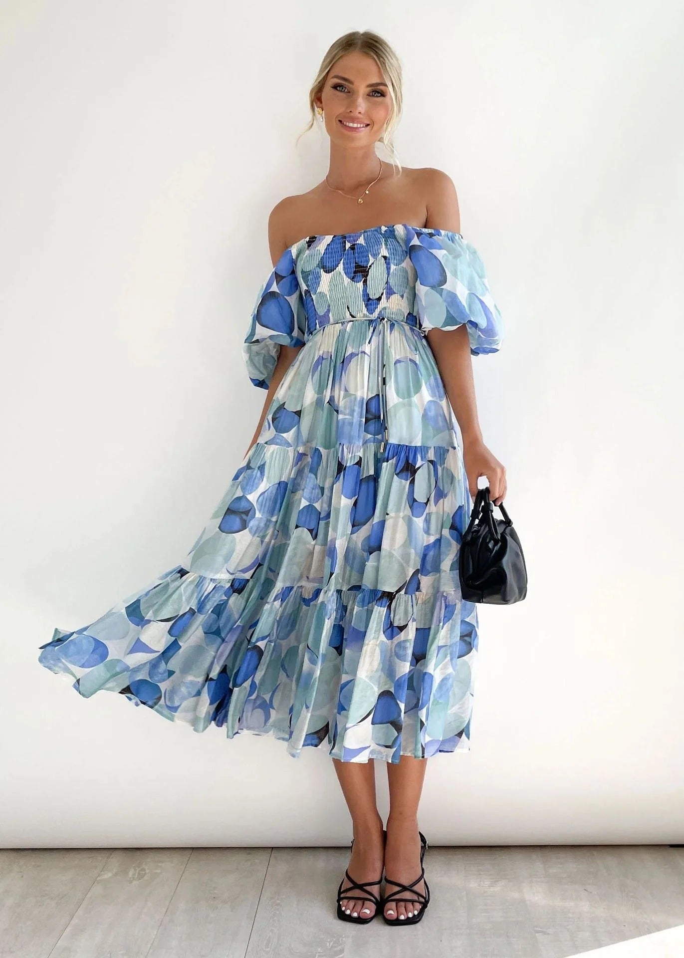 Schulterfreies Midi-Kleid mit floralen Prints für Damen – Luftiges & feminines
