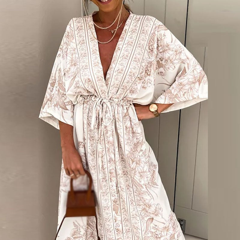 Hawaiian-Langarm-Sundress für Damen – Fließender Maxikleid-Stil