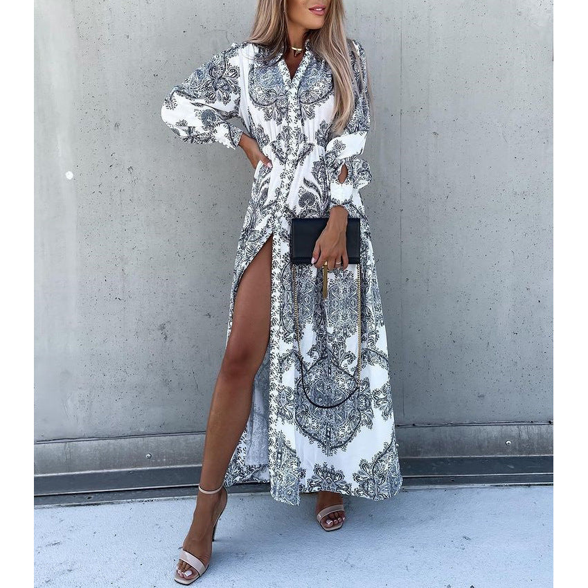 Elegantes Langarm-Maxikleid mit Seitenschlitz für Damen