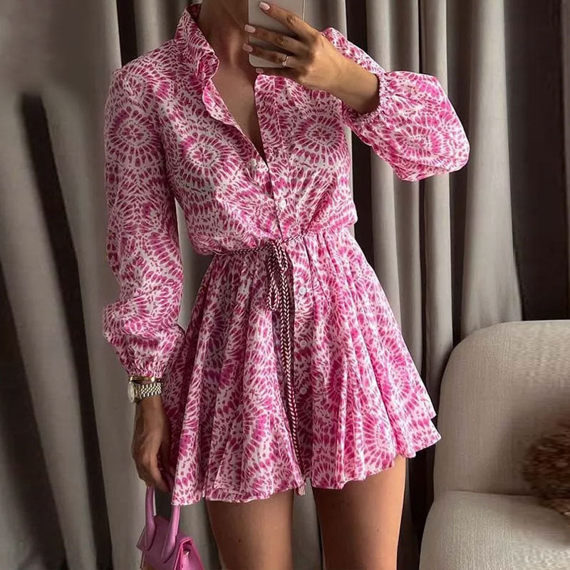 Vintage Langarmkleid mit Volants & Print für Damen
