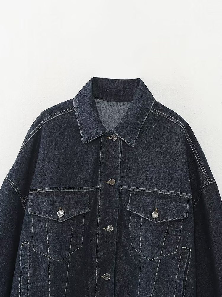 Modisches zweiteiliges Denim-Set für Damen – Jacke mit Reverskragen & Weite Hose