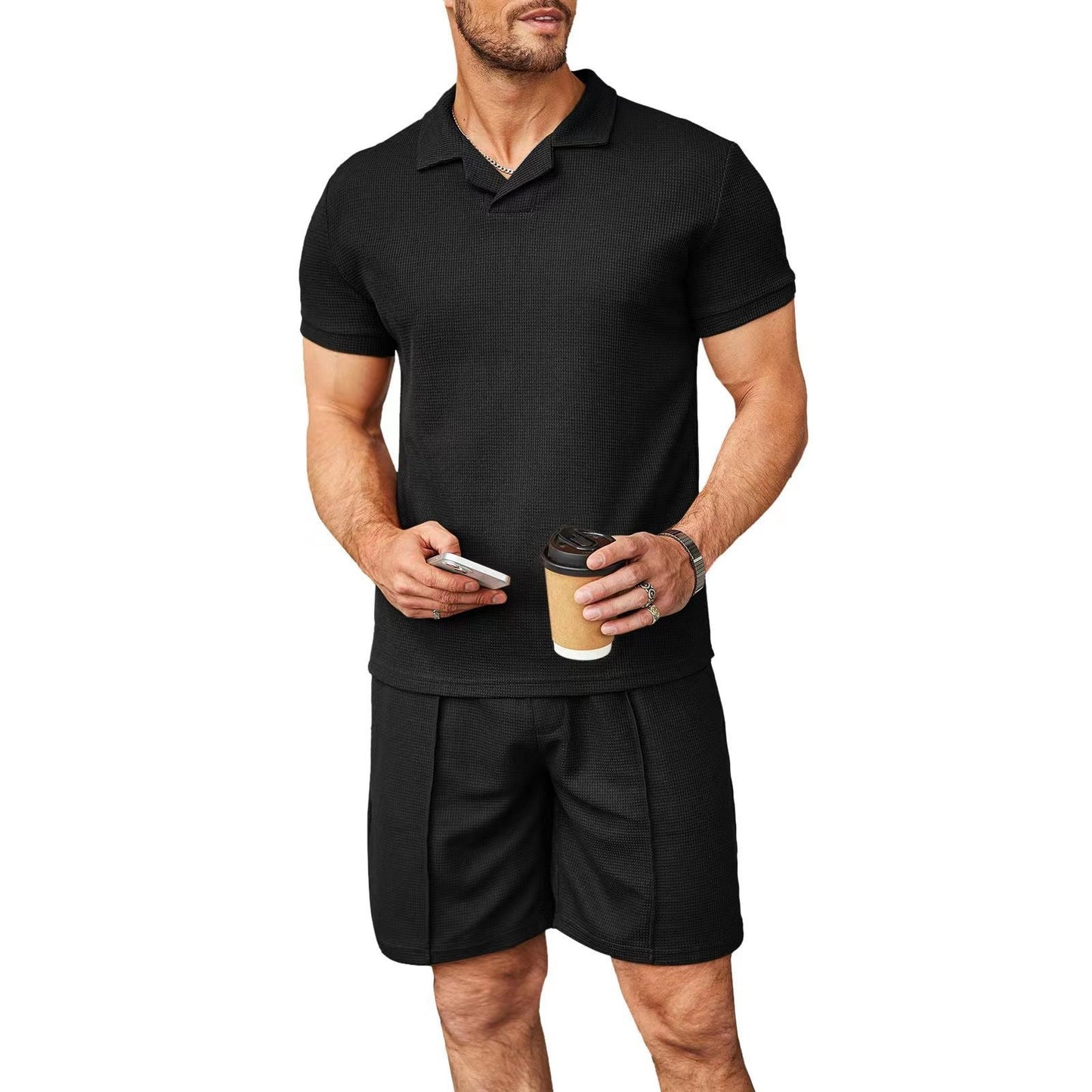 Modisches V-Ausschnitt Polo-Shirt & Waffelstil-Shorts Set für Herren