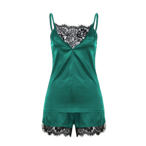 Elegantes Satin-Pyjama-Set mit Spitzen-Details – Top und Shorts für Damen