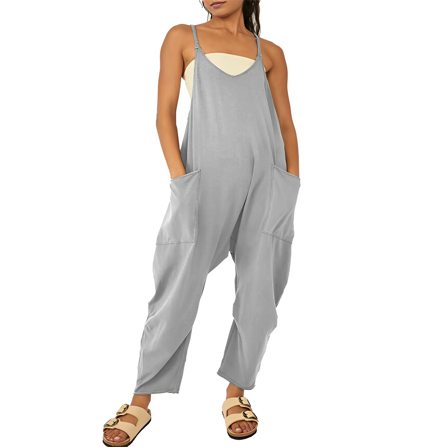 Lässiger ärmelloser Jumpsuit mit V-Ausschnitt und Taschen für Damen