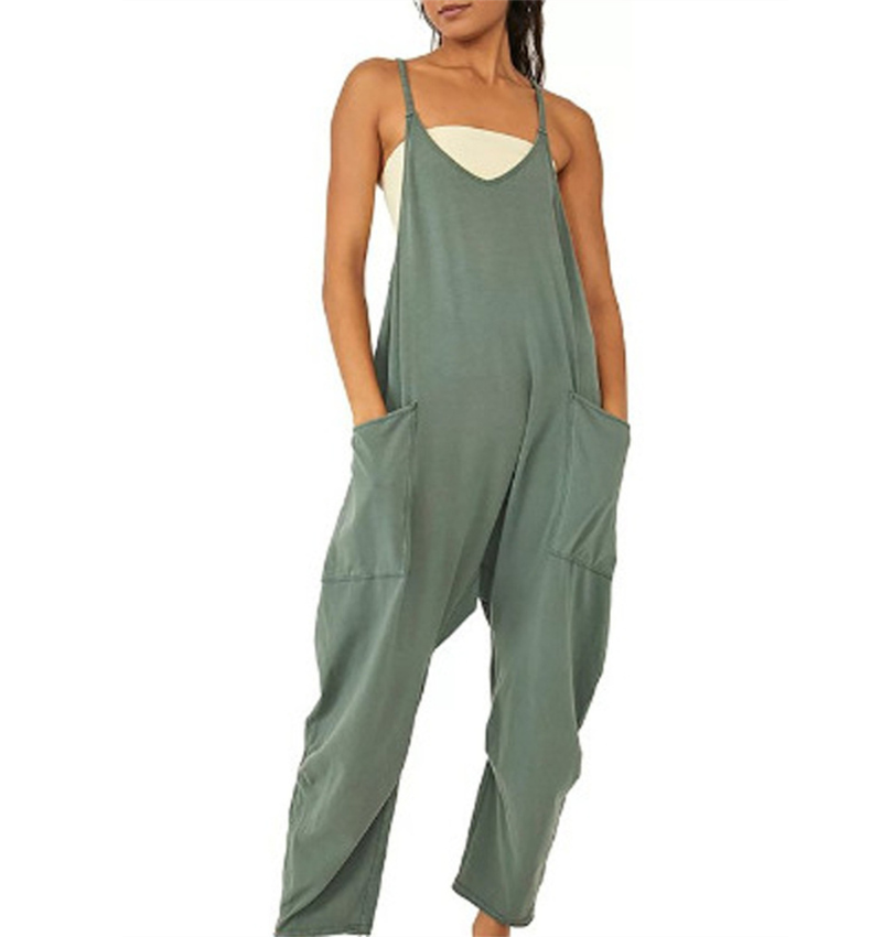Lässiger ärmelloser Jumpsuit mit V-Ausschnitt und Taschen für Damen