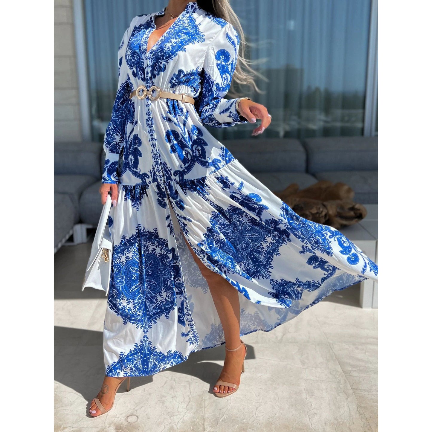 Elegantes Langarm-Maxikleid mit Seitenschlitz für Damen