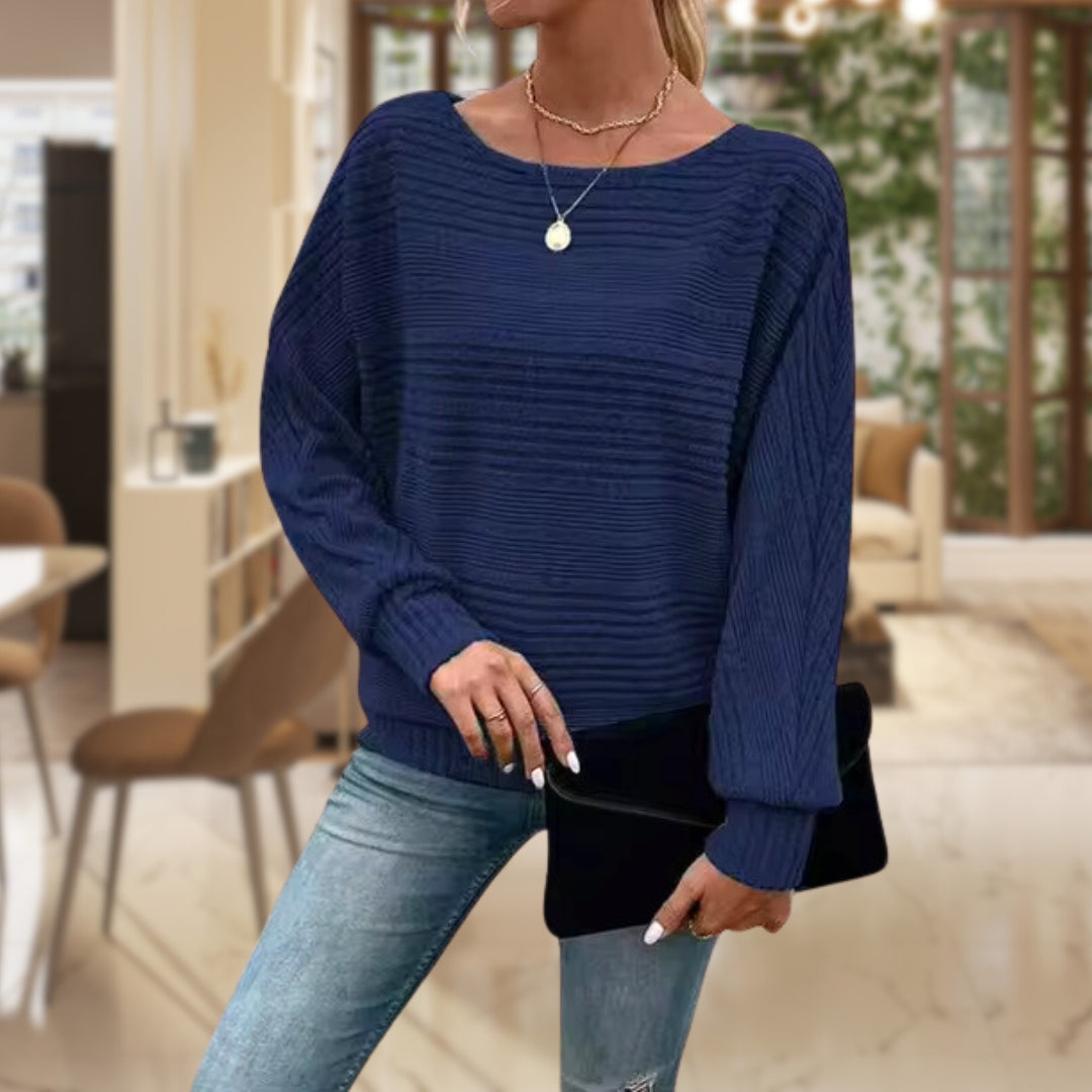 Gerippter Lässiger Pullover mit Rundhalsausschnitt Damen