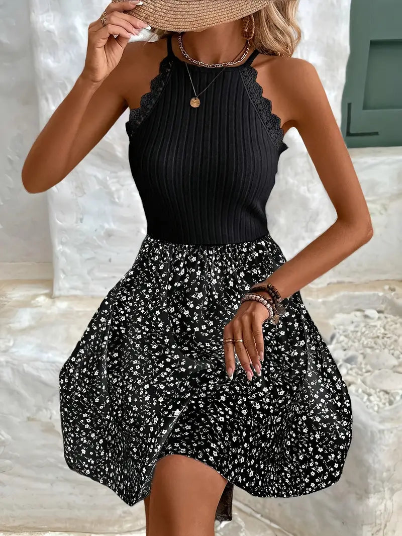Ärmelloses Kleid mit Blumendruck und Spitzenbesatz für Damen