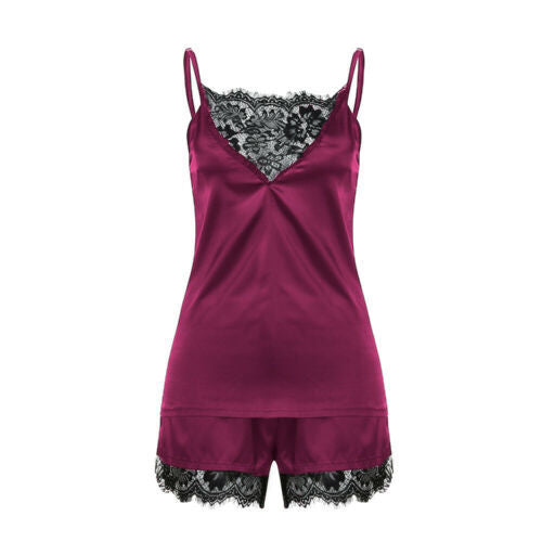 Elegantes Satin-Pyjama-Set mit Spitzen-Details – Top und Shorts für Damen