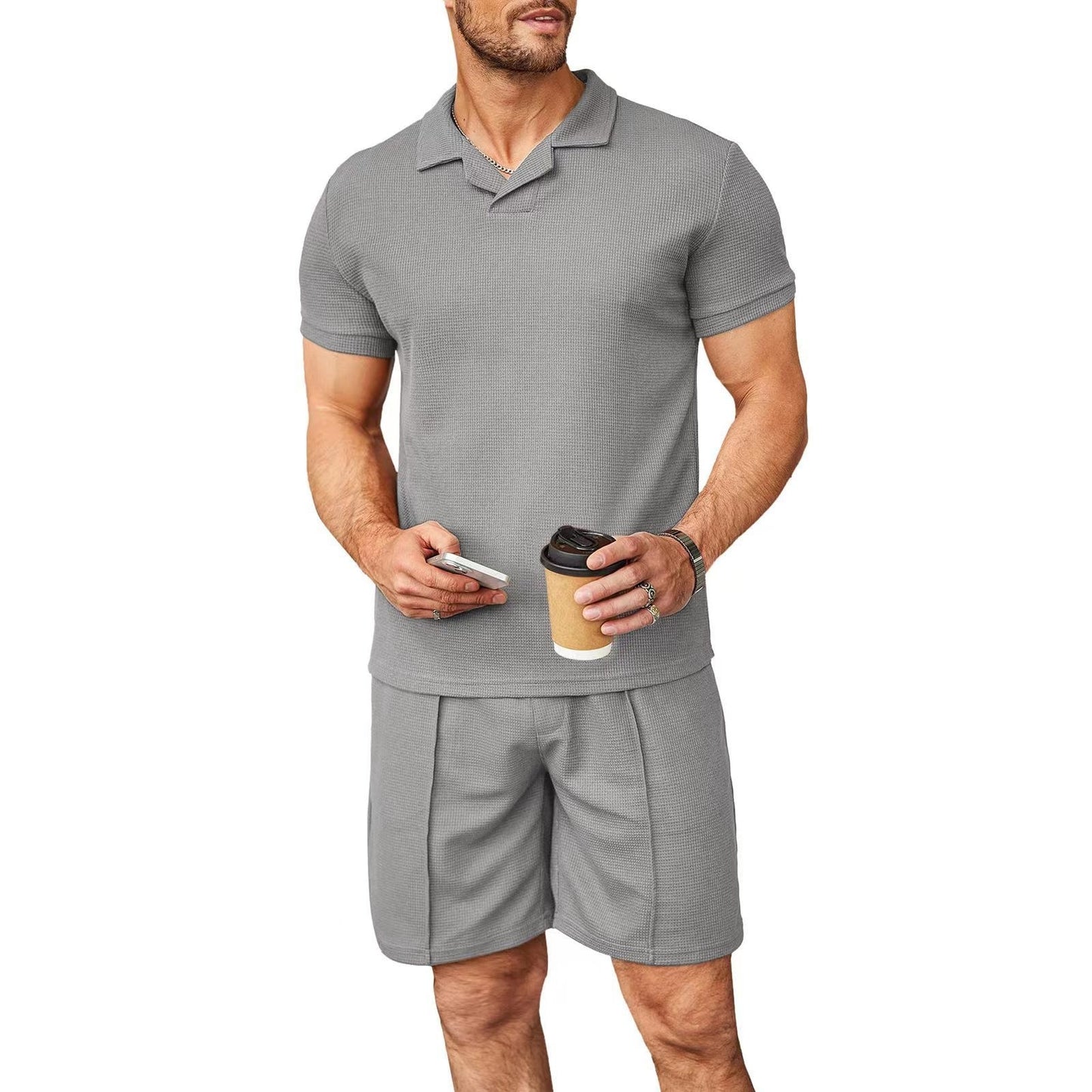 Modisches V-Ausschnitt Polo-Shirt & Waffelstil-Shorts Set für Herren