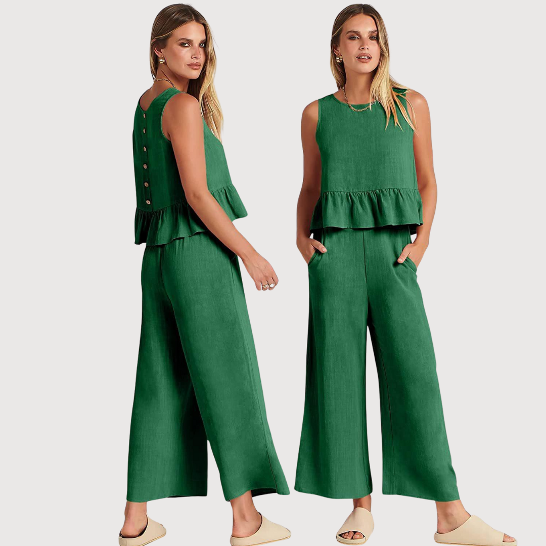 Modisches Zweiteiliges Set mit Rüschen-Top und Weitbein-Hose für Damen