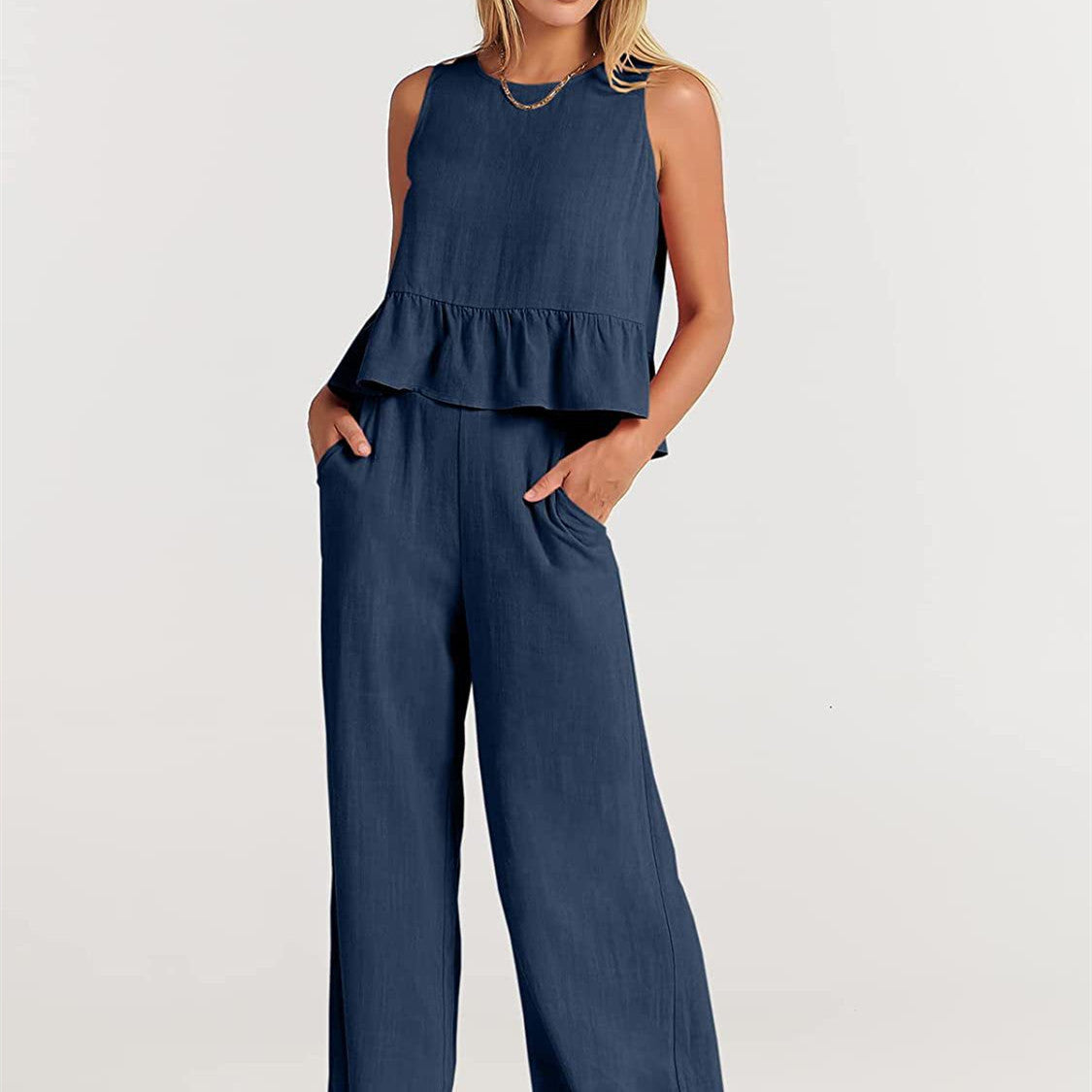 Modisches Zweiteiliges Set mit Rüschen-Top und Weitbein-Hose für Damen