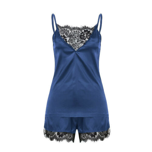 Elegantes Satin-Pyjama-Set mit Spitzen-Details – Top und Shorts für Damen