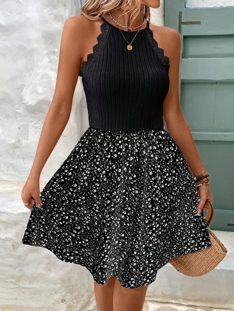 Ärmelloses Kleid mit Blumendruck und Spitzenbesatz für Damen