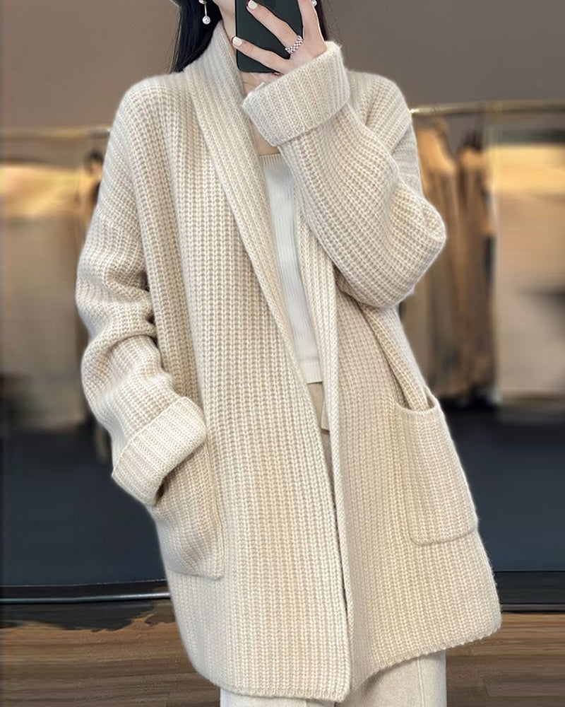 Elegante einfarbige lange Strickjacke mit Taschen für Damen