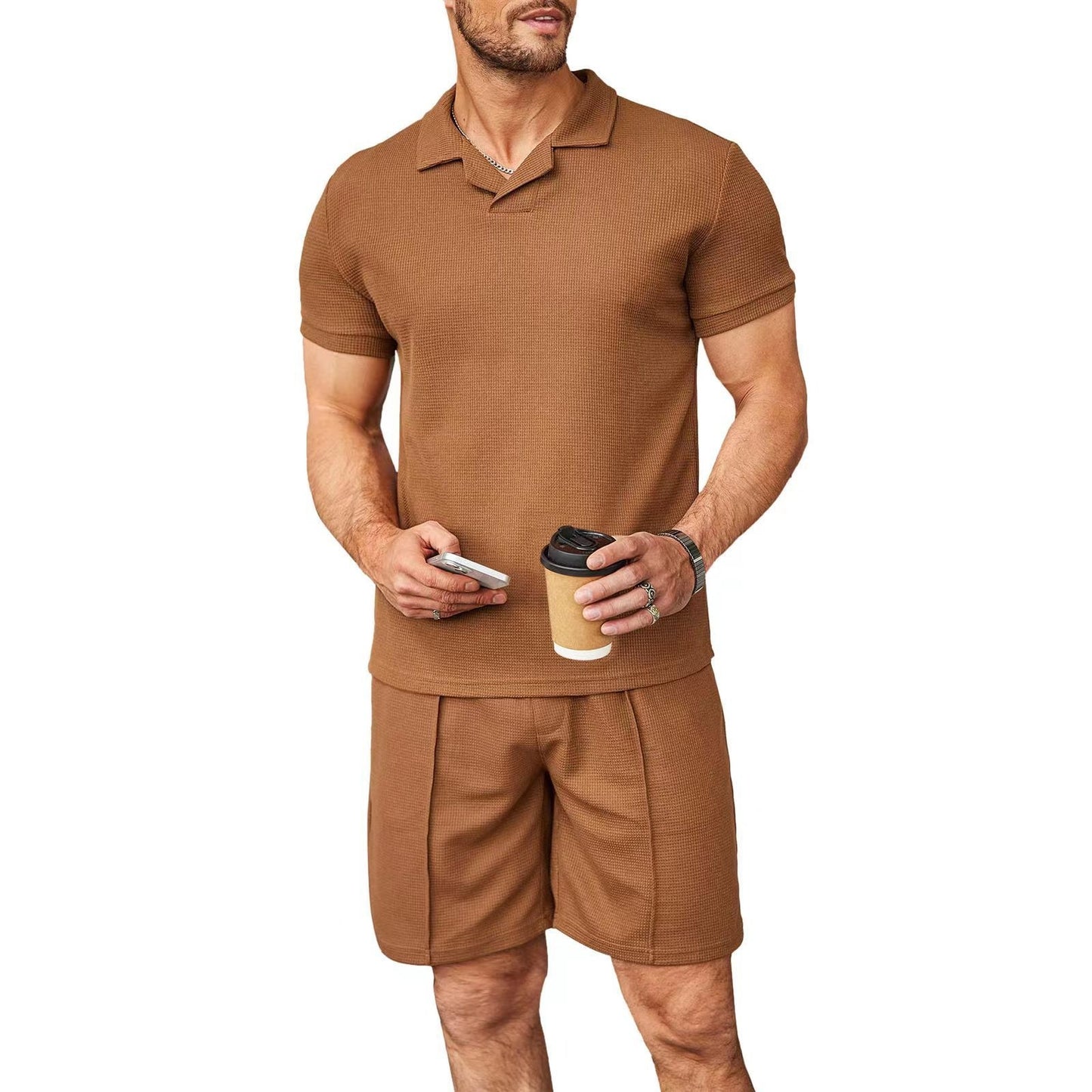 Modisches V-Ausschnitt Polo-Shirt & Waffelstil-Shorts Set für Herren