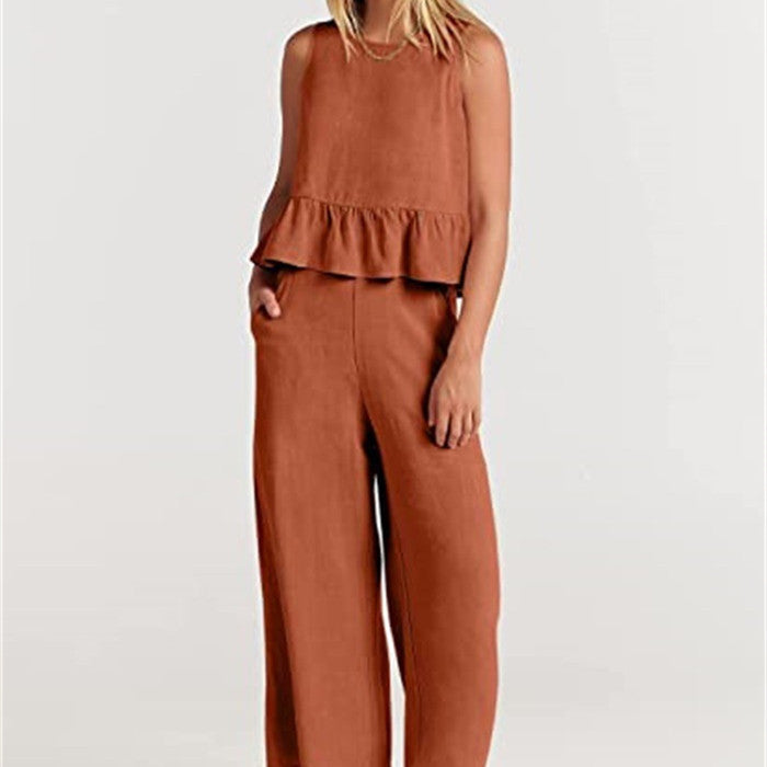 Modisches Zweiteiliges Set mit Rüschen-Top und Weitbein-Hose für Damen