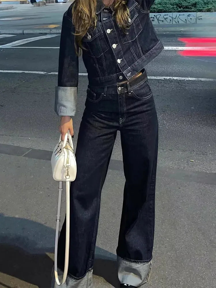 Modisches zweiteiliges Denim-Set für Damen – Jacke mit Reverskragen & Weite Hose
