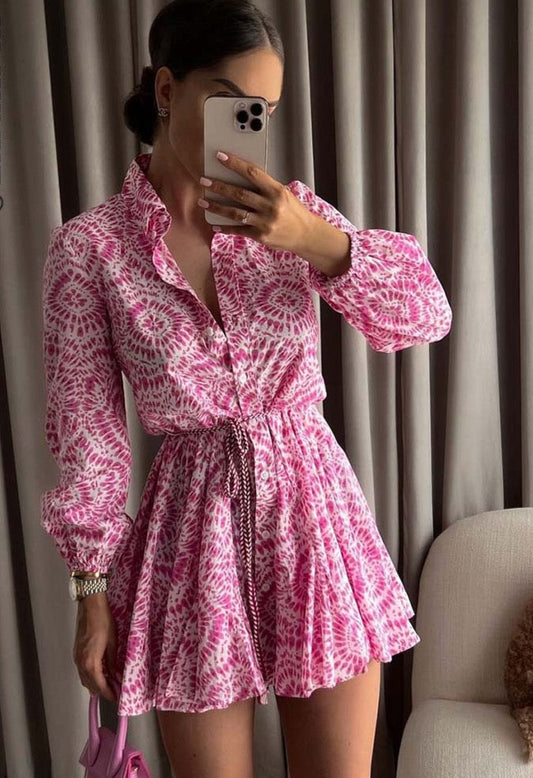 Vintage Langarmkleid mit Volants & Print für Damen