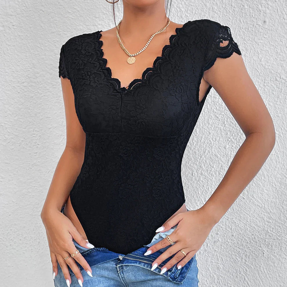 Figurbetonter Spitzen Body mit V Ausschnitt – Eleganter Damen-Bodysuit