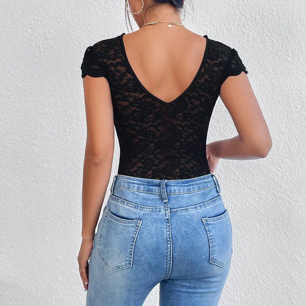 Figurbetonter Spitzen Body mit V Ausschnitt – Eleganter Damen-Bodysuit