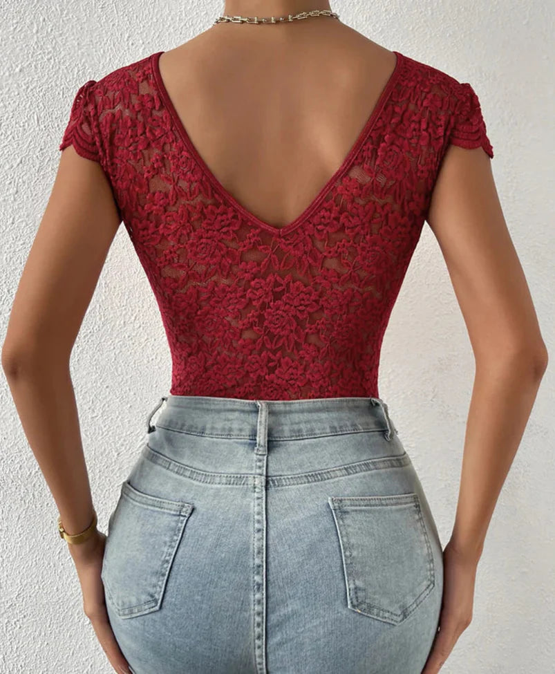 Figurbetonter Spitzen Body mit V Ausschnitt – Eleganter Damen-Bodysuit