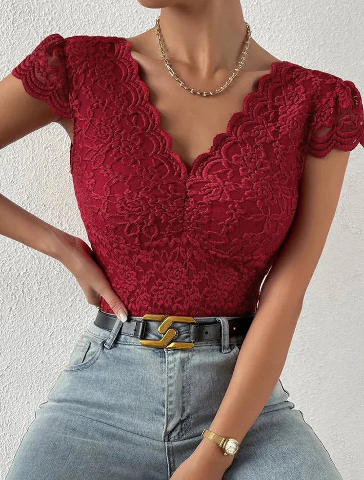 Figurbetonter Spitzen Body mit V Ausschnitt – Eleganter Damen-Bodysuit