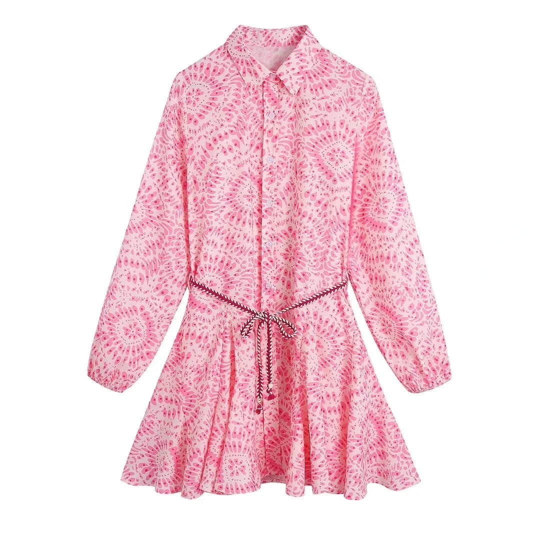Vintage Langarmkleid mit Volants & Print für Damen