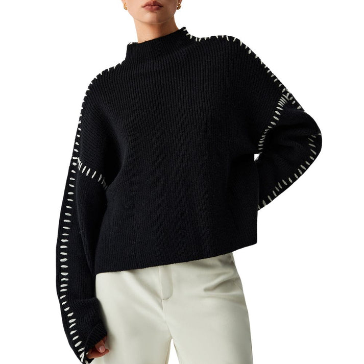 Damen Hoher Kragenpullover mit Stichdesign – Warm und Stilvoll