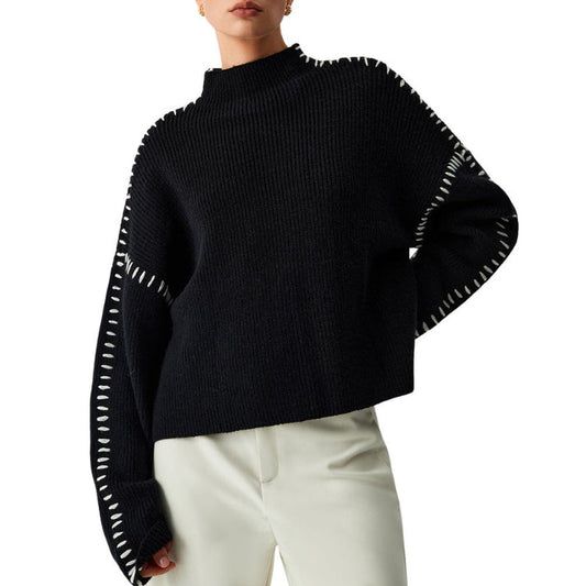Damen Hoher Kragenpullover mit Stichdesign – Warm und Stilvoll
