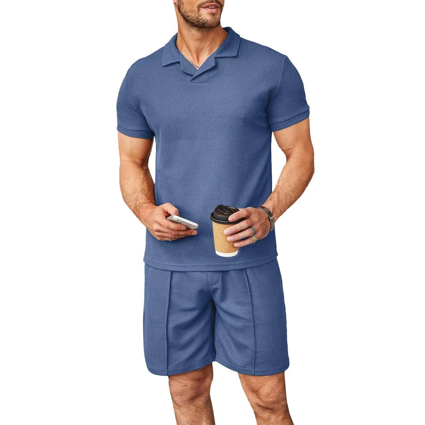 Modisches V-Ausschnitt Polo-Shirt & Waffelstil-Shorts Set für Herren