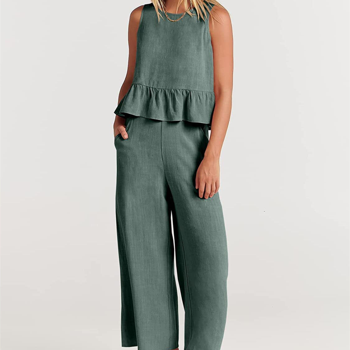 Modisches Zweiteiliges Set mit Rüschen-Top und Weitbein-Hose für Damen