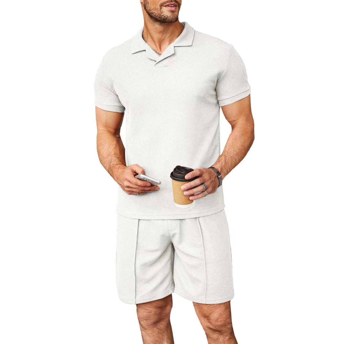 Modisches V-Ausschnitt Polo-Shirt & Waffelstil-Shorts Set für Herren