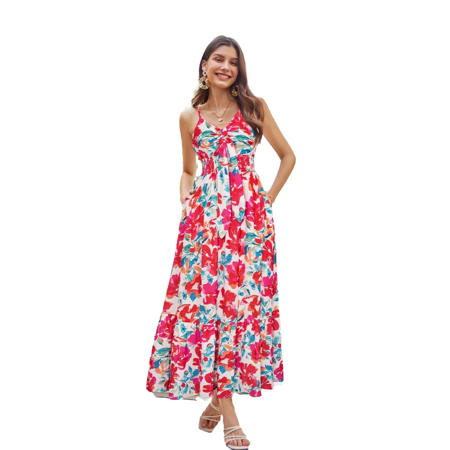 Leichtes Boho-Maxikleid mit Trägern & Print – Perfekt für den Urlaub