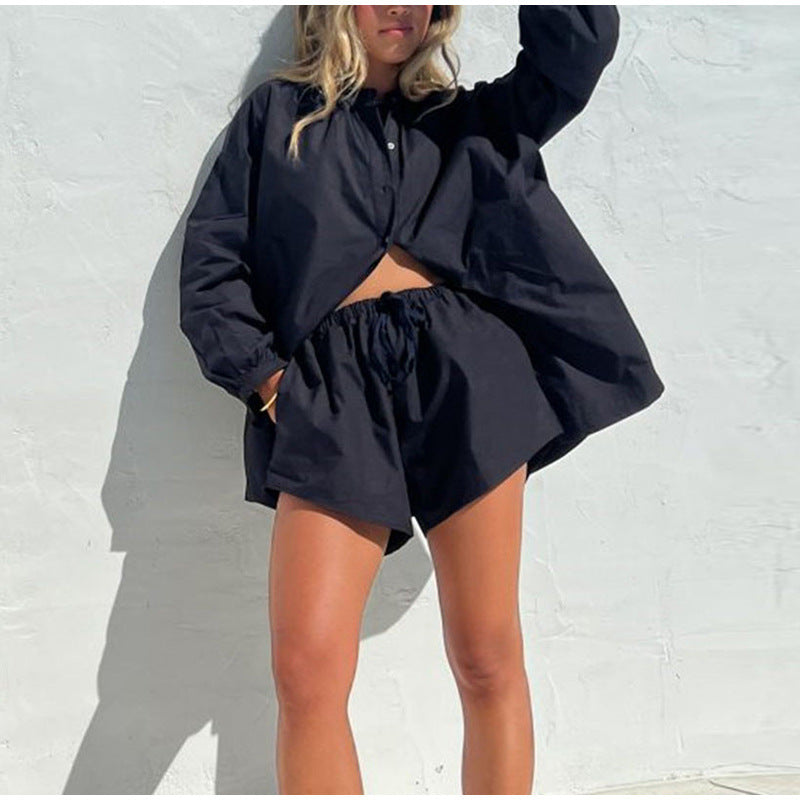 Bequemes Zweiteiliges Set mit Langarm-Hemd und Shorts für Damen – Perfekt für den Sommer