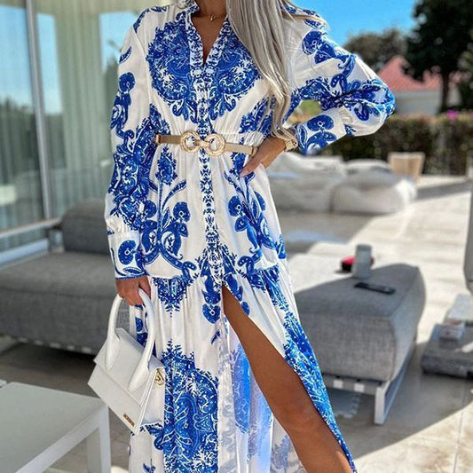 Elegantes Langarm-Maxikleid mit Seitenschlitz für Damen