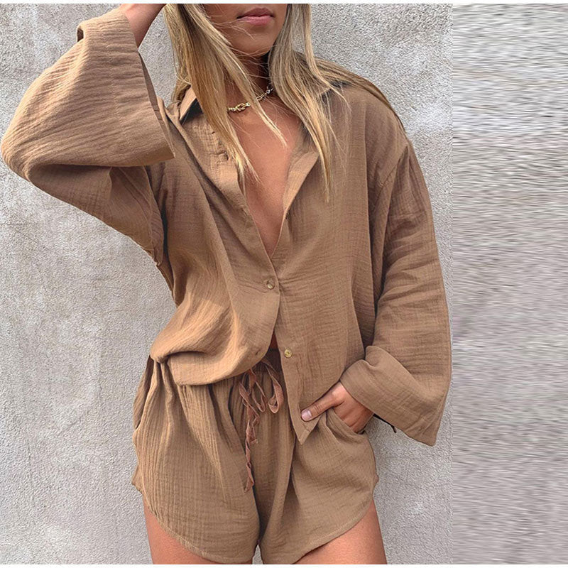 Bequemes Zweiteiliges Set mit Langarm-Hemd und Shorts für Damen – Perfekt für den Sommer
