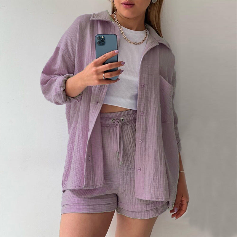 Modisches Zweiteiliges Set mit Langarm-Hemd und Shorts für Damen