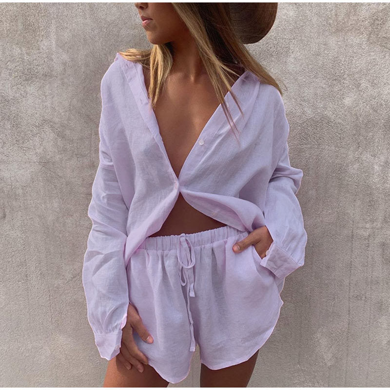 Bequemes Zweiteiliges Set mit Langarm-Hemd und Shorts für Damen – Perfekt für den Sommer