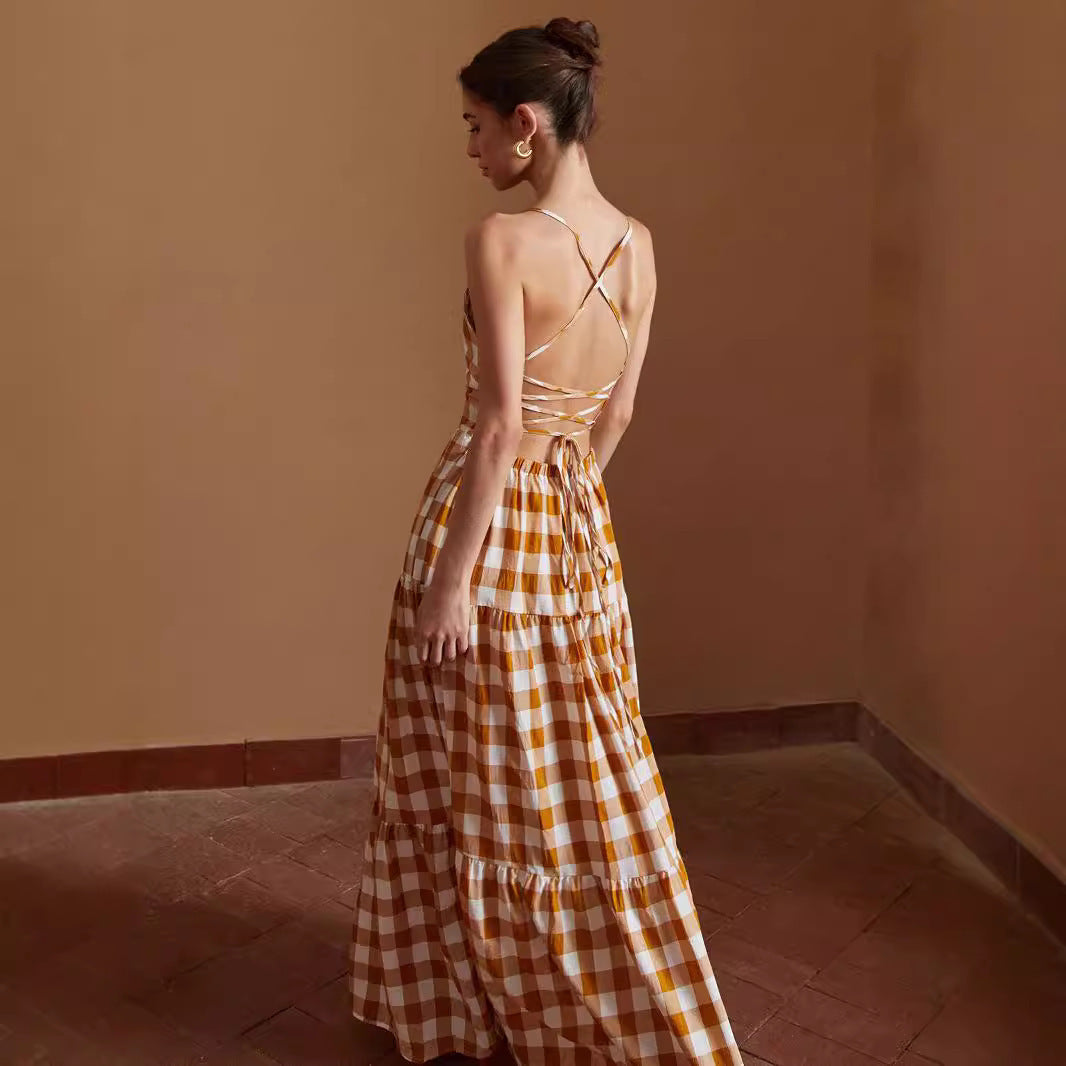 Trendiges Kariertes Sommerkleid mit Rückenausschnitt für Damen